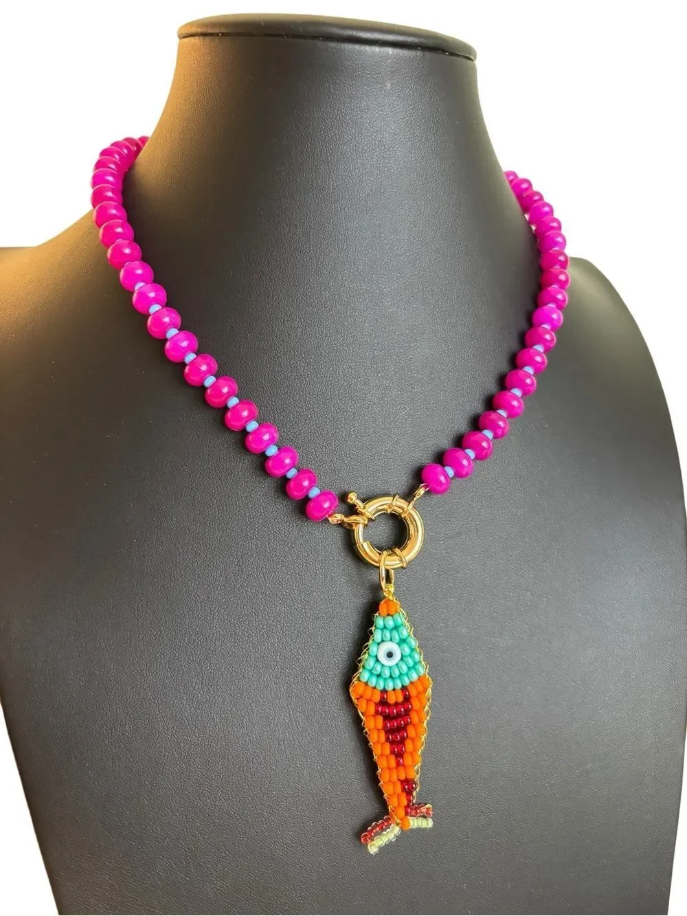 Beautiful, Bold Handcrafted Fuchsia & Turquoise Glass Beaded Fish Pendant